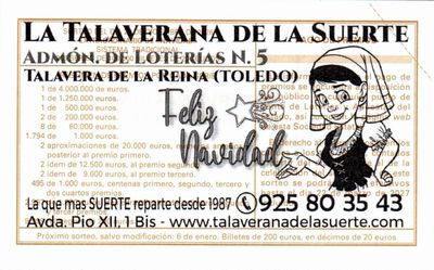 Reverso del d&eacute;cimo 08660 con el sello de la Administraci&oacute;n n&ordm; 5 &laquo;La Talaverana de la Suerte&raquo;, en Talavera de la Reina
